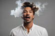 © Hq Visual Studio - Portrait of stressed man in white shirt with smoke coming out of his head, burnout, anger, overworked, people background, banner with copy space text