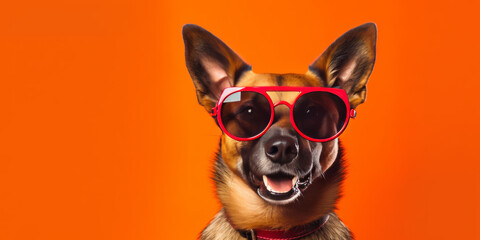 Dog wearing cool glasses on colored background.