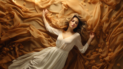 Wall Mural - Beauty Model Portrait in Beige Chiffon Fabric flying on Wind.