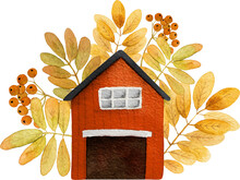 Autumn Cartoon House With Oak Leaves, Mushrooms And Acorns Watercolor Painting. Fall Teapot Home With Foliage Decoration