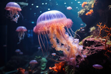 Pink Jellyfish Swims In The Ocean Or Oceanarium In Blue Water