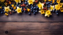 Sprawling Daffodils And Blueberries On A Table Of Reclaimed Wood, Focusing On Colors Of Sunny Yellow, Berry Blue, And Aged Oak.