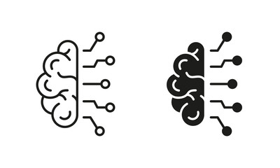 Poster - Human Brain, Network Chip Technology Pictogram. Artificial Intelligence Symbol Collection on White Background. AI Innovation Concept Line and Silhouette Icon Set. Isolated Vector Illustration