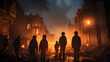 Familie starrt auf zerstörte brennende Gebäude in einer Stadt im Krieg, Generative AI