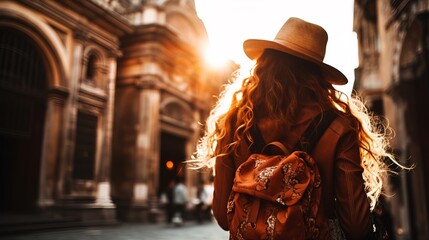 Tourist woman walking around the historical streets of an old district.