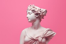 Female Statue On Pink Background, Beautiful Stone Greek Female Statue On Pink Backdrop. Created With Generative AI Tools