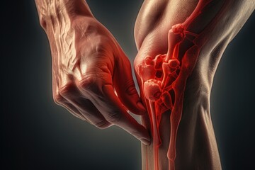 Poster - A detailed close-up of a person's knee with a red substance on it. This image can be used to depict injuries, accidents, medical conditions, or first aid.