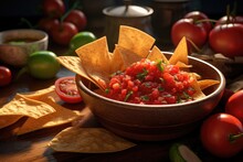 A Bowl Of Salsa With Tortillas And Fresh Tomatoes. Perfect For Mexican Cuisine Or Summer Parties.