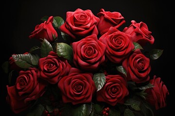 Poster - A beautiful bouquet of red roses on a sleek black background. Perfect for expressing love, passion, and romance. Ideal for greeting cards, wedding invitations, and floral arrangements.