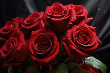 Poster - A beautiful bouquet of red roses with glistening water droplets. Perfect for romantic occasions or expressing love and passion.