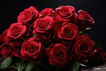 Poster - A beautiful bouquet of red roses sitting elegantly on top of a table. Perfect for adding a touch of romance and beauty to any setting.