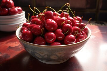 Leinwandbilder - A simple and inviting image of a bowl of cherries sitting on a table. This picture can be used to represent freshness, summer, healthy eating, or as a decorative element in various food-related design