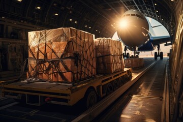 Poster - A large cargo truck filled with boxes parked inside a hangar. This image can be used to represent logistics, transportation, or storage concepts.