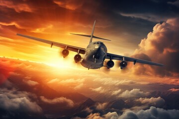 Poster - A large airplane soaring through the clouds in the sky. This image can be used to depict air travel, aviation, or the beauty of nature from above.