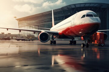 Aufkleber - A red and white airplane parked on the airport tarmac. Suitable for aviation-related designs and travel publications.