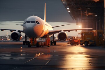 Canvas Print - A large jetliner is parked on the airport tarmac, ready for departure. This image can be used to depict air travel, aviation, airports, and transportation.
