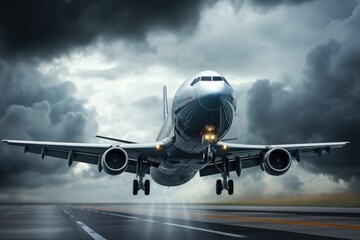 Poster - A large jetliner is seen soaring through the cloudy sky. This image can be used to depict air travel, aviation, or the beauty of nature from above.