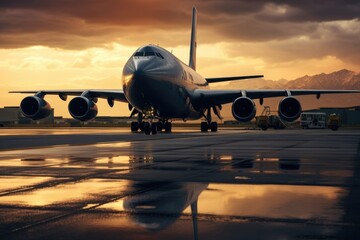 Aufkleber - A massive jetliner parked on the airport tarmac. Suitable for aviation-related projects or travel brochures.