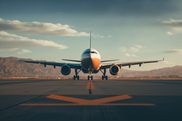 Poster - A large jetliner parked on top of an airport runway. This image can be used to depict aviation, travel, transportation, or the airline industry.