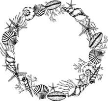 Seashell Vector Wreath On Isolated Background. Hand Drawn Illustration Of Circular Frame With Sea Shells. Underwater Border For Icon Or Logo In Marine Style With Cockleshells And Starfish. Black Inks.