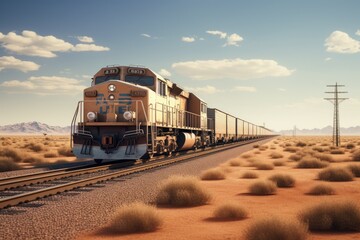 Aufkleber - A train traveling down train tracks in the desert. Perfect for illustrating long journeys, transportation, and the beauty of the desert landscape.