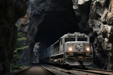 Aufkleber - A train is seen traveling through a tunnel next to a majestic mountain. This image can be used to depict transportation, adventure, or scenic travel.