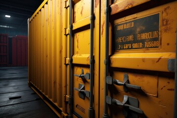 Poster - A group of yellow shipping containers sitting next to each other. Perfect for illustrating logistics, transportation, or global trade.