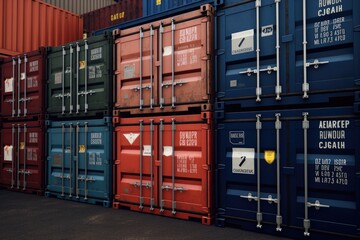 Poster - A bunch of containers stacked on top of each other. This versatile image can be used to represent storage, logistics, shipping, or transportation.