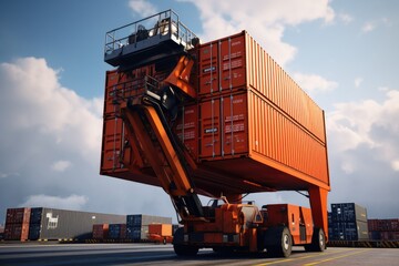 Aufkleber - A crane is lifting a container and placing it onto a truck. This image can be used to depict transportation, logistics, or cargo handling.