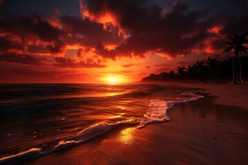 Aufkleber - A beautiful sunset scene on a tropical beach with palm trees. Perfect for travel and vacation themes.