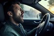 A man in a car is captured in a moment of tiredness as he yawns. This image can be used to depict exhaustion, the dangers of drowsy driving, or the need for rest during long drives.