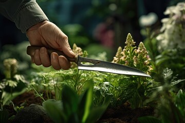 Poster - A person is shown holding a pair of scissors in a garden. This image can be used to depict gardening, landscaping, or DIY projects.