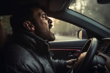 Poster - A man is seen sitting in the driver's seat of a car. This image can be used to depict concepts such as transportation, driving, commuting, or automotive industry.