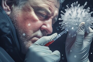 Poster - A man wearing a black jacket holds a pair of scissors. This image can be used to depict concepts related to fashion, DIY projects, or even hair styling.