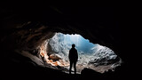 Fototapeta  - Silhouette of a man in a cave. Successful path concept.