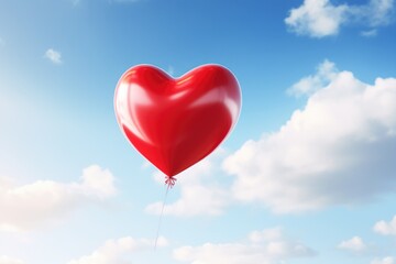 Poster - A red heart-shaped balloon is seen floating in the sky. This image can be used to express love and romance or to convey a feeling of happiness and joy. It is perfect for Valentine's Day, anniversaries