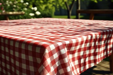 Poster - A table with a red and white checkered table cloth. Perfect for adding a touch of charm to any dining setting or picnic.