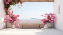 A Room With Pink Flowers And A Bench