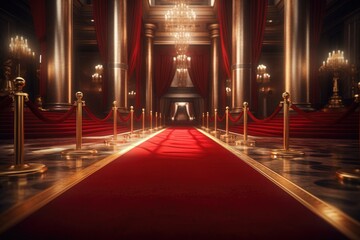 Poster - A luxurious red carpeted hallway with a stunning chandelier hanging from the ceiling. Perfect for adding elegance and sophistication to any project.