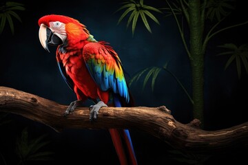 Poster - A vibrant parrot perched on a branch in a dimly lit setting. This image can be used to add a pop of color and exoticism to various projects.