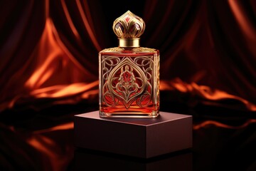 Poster - A bottle of perfume placed on a table. This image can be used for showcasing beauty products or creating a luxurious atmosphere in advertisements or blog posts.