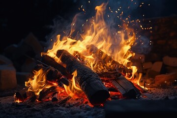 Poster - A fire burns brightly in the darkness of the night. This image can be used to depict warmth, danger, or the concept of illumination in the dark.