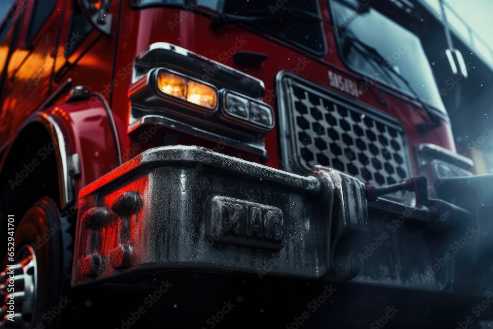 A red fire truck is parked on the street. This image can be used to ...