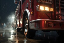 A Red Fire Truck Is Captured In Motion As It Drives Down A Street At Night. This Image Can Be Used To Depict Emergency Response, Firefighting, Or Urban City Scenes.