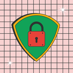 Aufkleber - Internet security Concept for web page, cyber security. Big shield with padlock the vaporwave style of the 80s and 90s. Vector illustration
