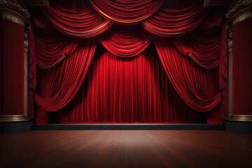 Poster - A stage with a red curtain and a wooden floor. Perfect for theater productions or events.