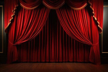 Sticker - A stage with a red curtain and gold trim. Perfect for theatrical productions, concerts, and events.