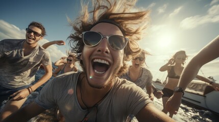 Crazy friends jump happily from a sailboat into the sea - Young people jump into the sea during summer vacation - Mainly focused on middlemen - Travel and fun concept