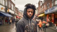 Young African American Black Teenager In Sweatshirt On The Street. Attractive Black Teenage Gang Member. Generative Ai
