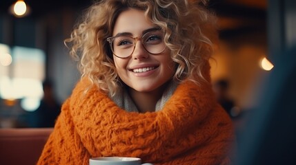 Enjoying a cup of coffee at home. Smiling. A beautiful girl drinks hot tea in winter. Excited woman wearing glasses and a sweater and laughing on an autumn day